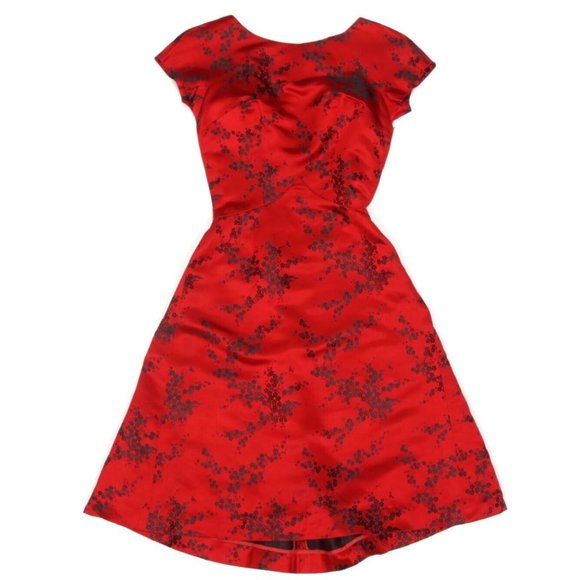 Vintage 60's Hong Kong Red Chinese Floral Fitted Darted Swing Dresss size XS /78 - Picture 1 of 4